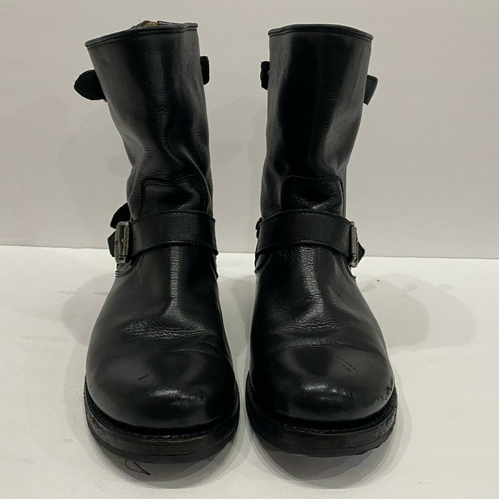 Frye Black Leather Moto Combat Boots with Buckle Strap - Picture 4 of 9